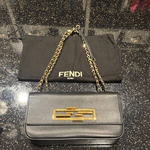Fendi Black Leather 3Baguette Shoulder Bag with Gold Chain